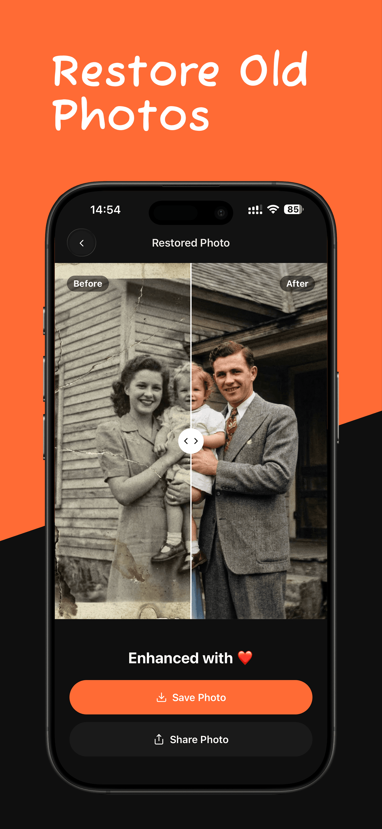 Restored photo compared with the original using the before and after slider
