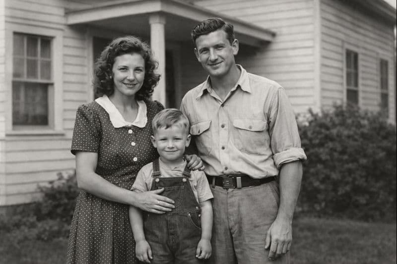 Old family photo of parents and a child — after